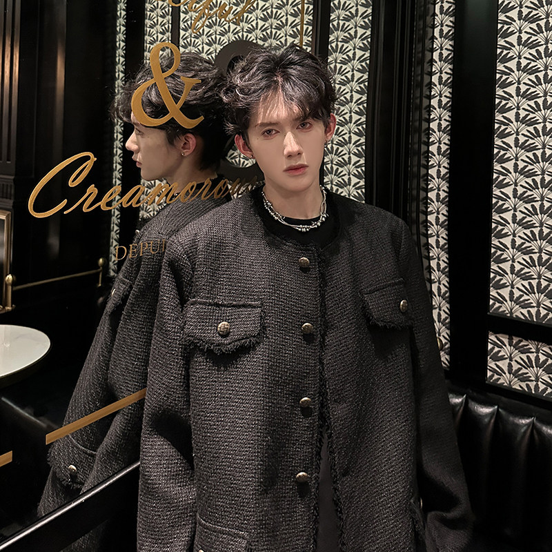 白色毛呢小香风外套男无领高级设计感垫肩夹克409-5606-P118,男装夹克,星座409(原A307）
