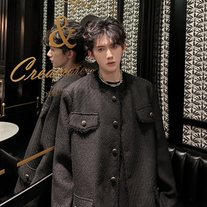 白色毛呢小香风外套男无领高级设计感垫肩夹克409-5606-P118图片