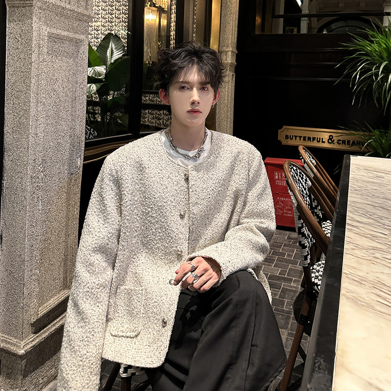 粗花呢白色垫肩小香风外套男冬季加厚高级感夹克409-5602-P108,男装夹克,星座409(原A307）
