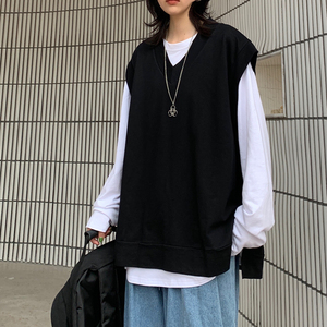 2021卫衣男女宽松假两件韩版坎肩无袖上衣ins超火背心外套 两件套图片