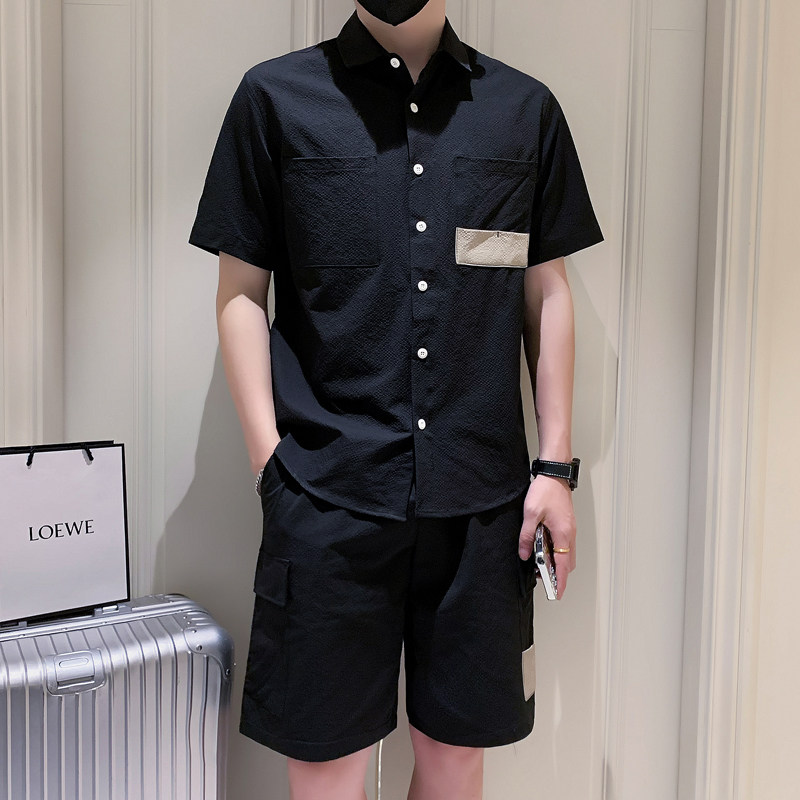 两件装短裤裤男修身韩版港风休闲裤短袖衬衫套装A307-TZ56--P115,男装休闲套装,星座409(原A307）
