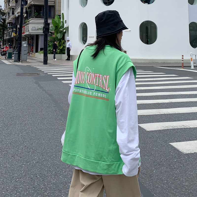 2021港风男女春季宽松V领无袖卫衣马甲背心+慵懒打底衫上衣两件套,男装背心/马甲,星座409(原A307）