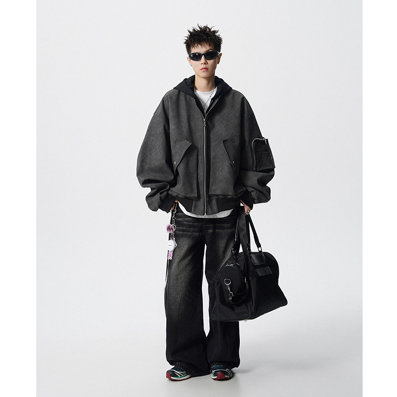 假两件拼接连帽拉链皮衣外套夹克宽松飞行服男百搭409-J200-P128,男装夹克,星座409(原A307）