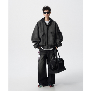 假两件拼接连帽拉链皮衣外套夹克宽松飞行服男百搭409-J200-P128图片