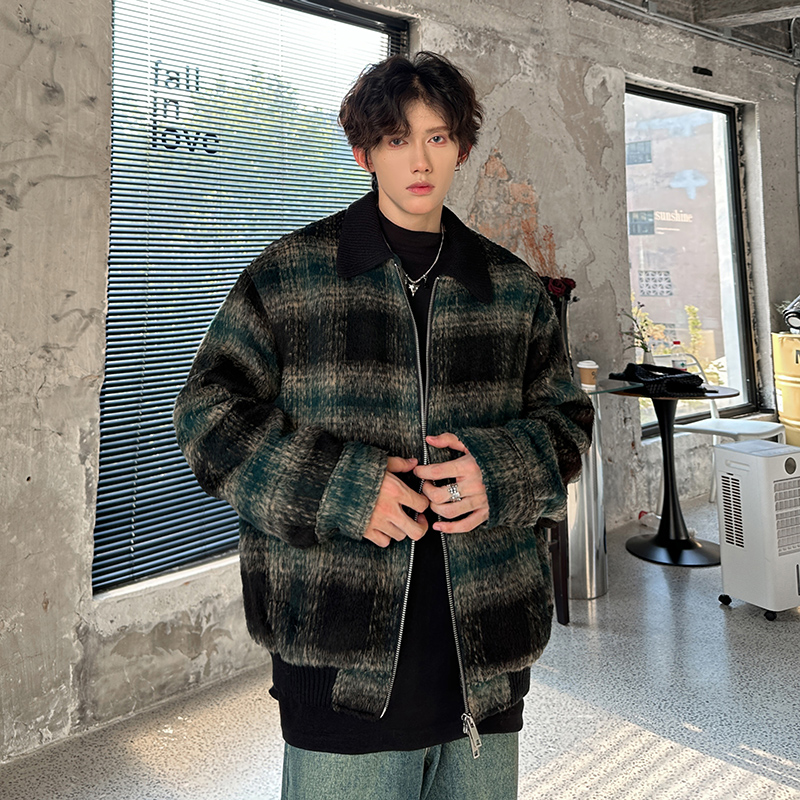 针织领廊形复古绿格毛呢外套呢子夹克上衣409-F110-P110，男装夹克，星座409(原A307）