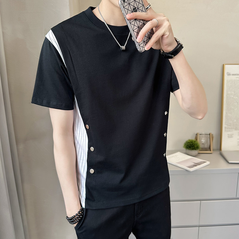 男短袖夏季新款条纹拼接衣服潮牌圆领白色男士t恤A307-TX66-P48,男装T恤,星座409(原A307）