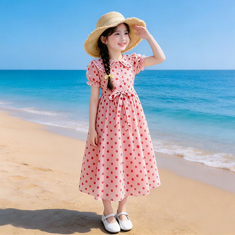 女童波点连衣裙夏装新款韩版儿童夏季裙子女大童洋气雪纺裙潮
