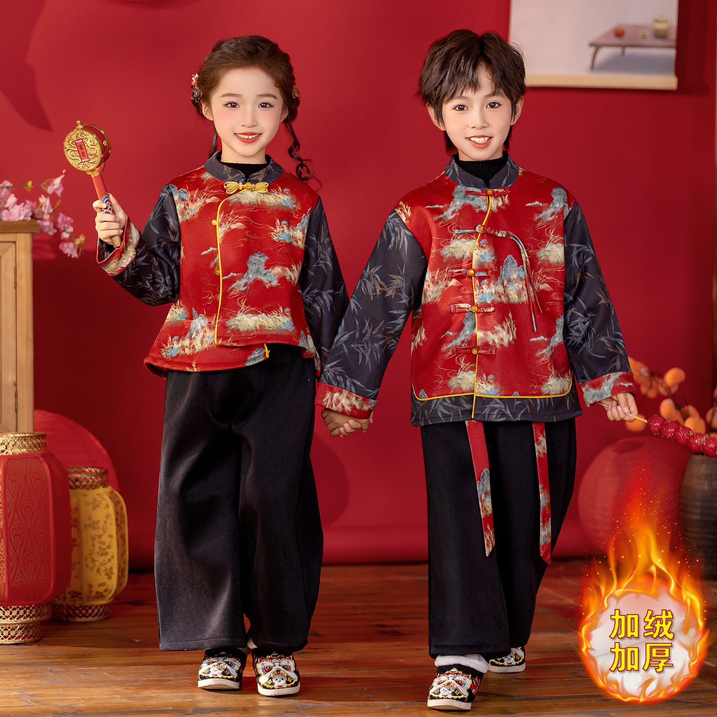 儿童冬汉服红色元旦表演服拜年服