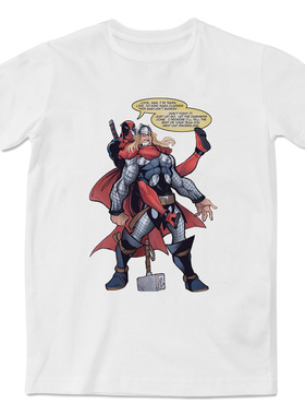 创意设计雷神索尔VS死侍漫威Marvel超级英雄印花短袖T恤男女同款