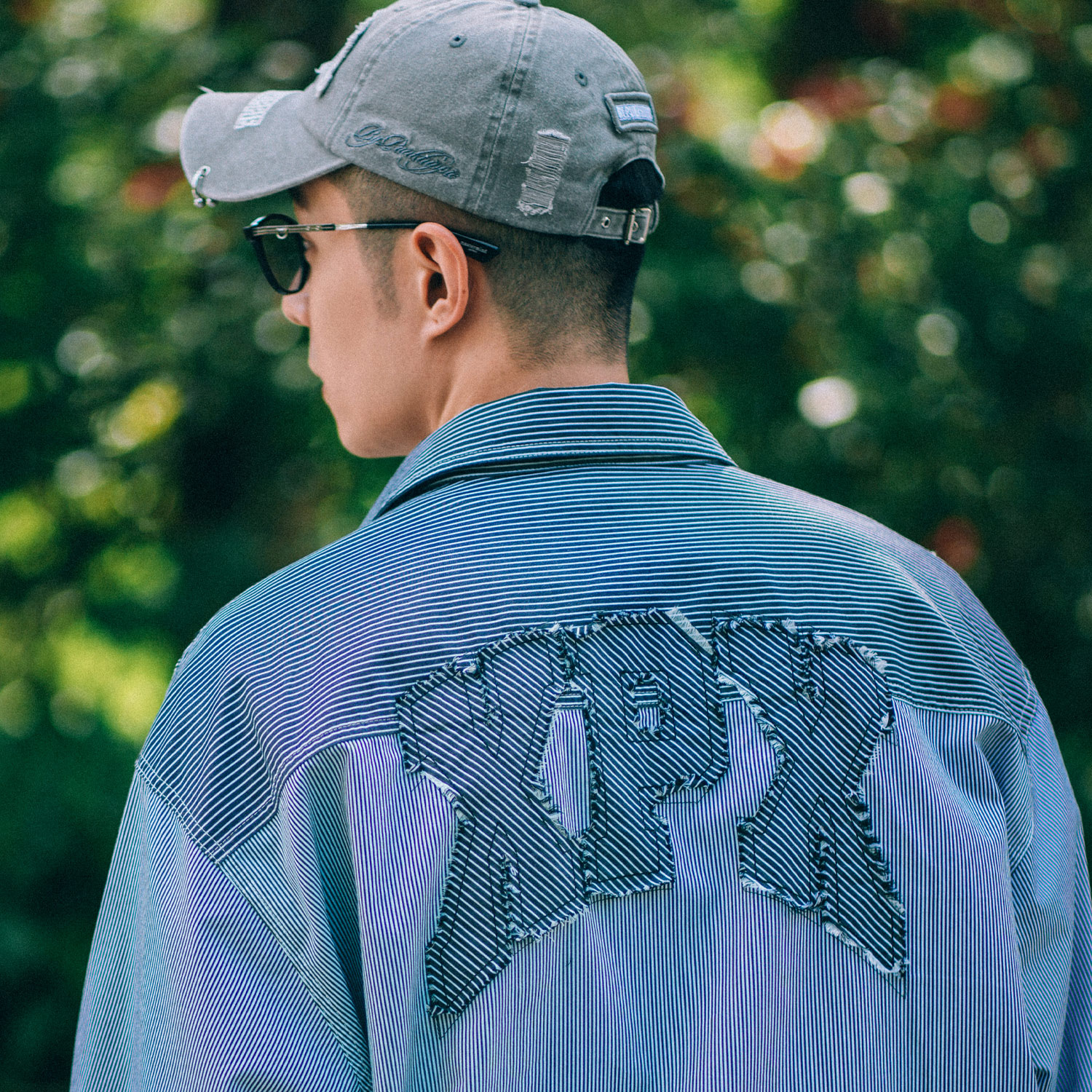 XPX 周柏豪 团队条纹拼接后背贴布车花衬衫