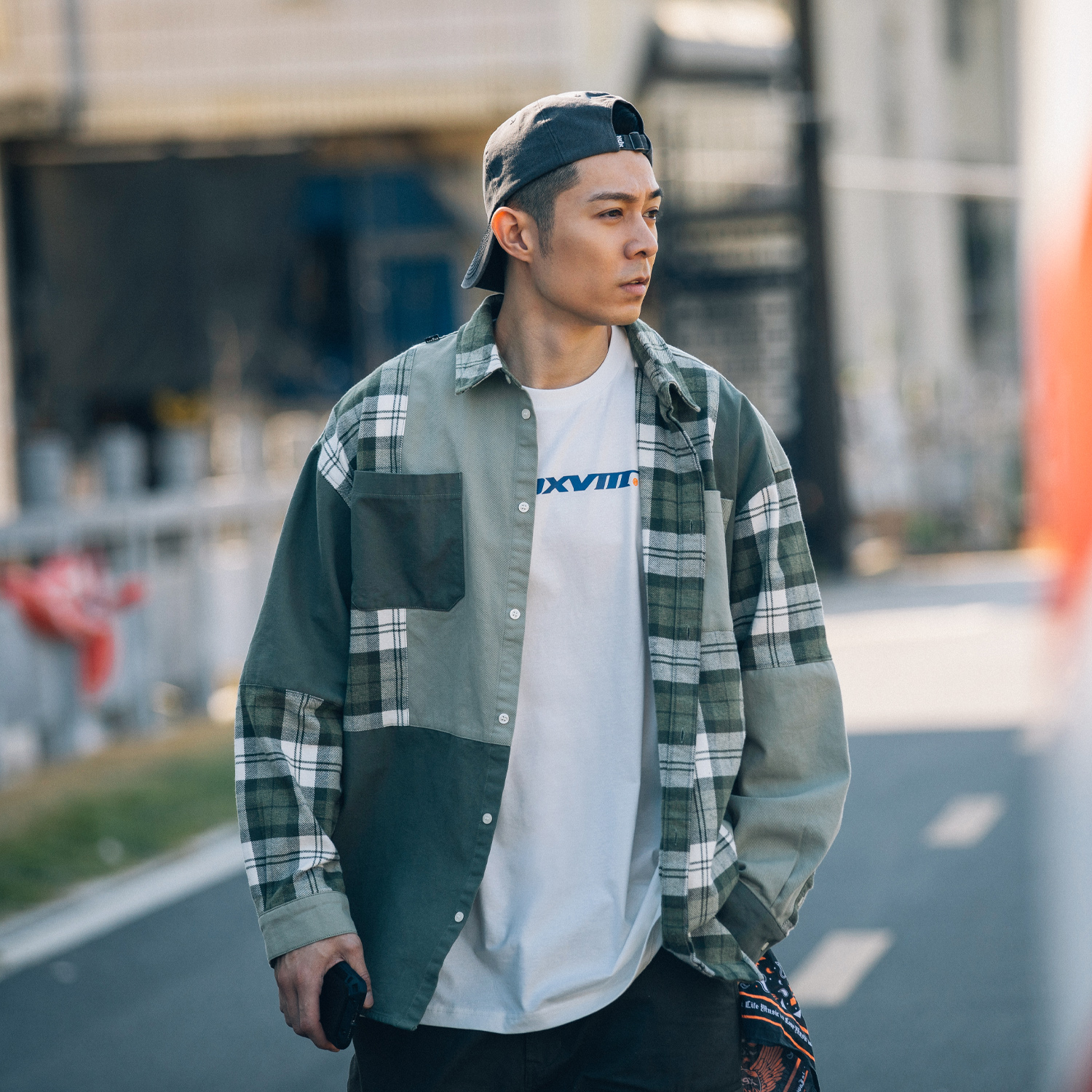 XPX周柏豪拼接色格子长袖衬衫