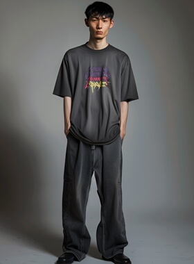 XPX 周柏豪 哥特风团队字母三色印花做旧水洗短袖T恤