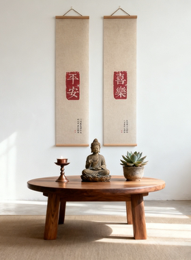 茶室书房餐厅中式亚麻挂轴画