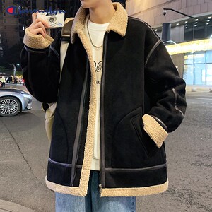 冠军蚂蚁美式潮牌麂皮绒情侣外套冬季新款加厚翻领帅气一体绒外套