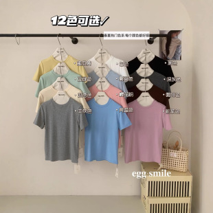 T恤圆领纯色显瘦正肩短袖 12色空气棉感短袖 T恤衣 egg·smile 韩版