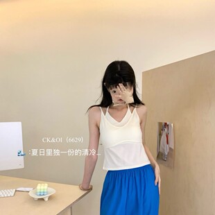 CK&OI6629#辣妹小吊带 假两件挂脖款简约撞色百搭美背吊带背心女