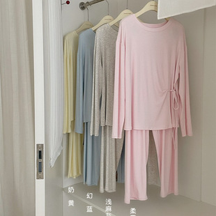 莫代尔亲肤家居服女长袖 舒适宽松 春夏新款 3230系带纯色睡衣女套装