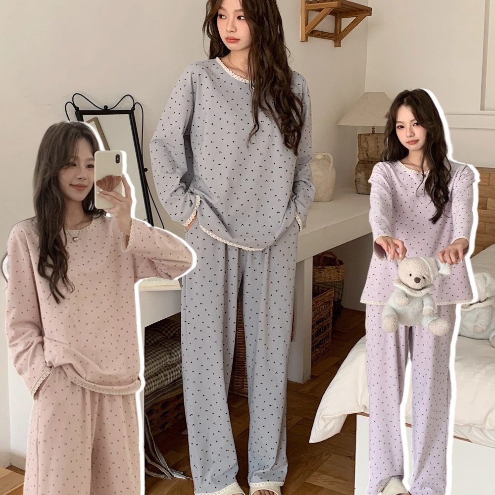 颜畔星空套装花边套头圆领女新慵懒家居服睡衣居家服套装长袖长裤