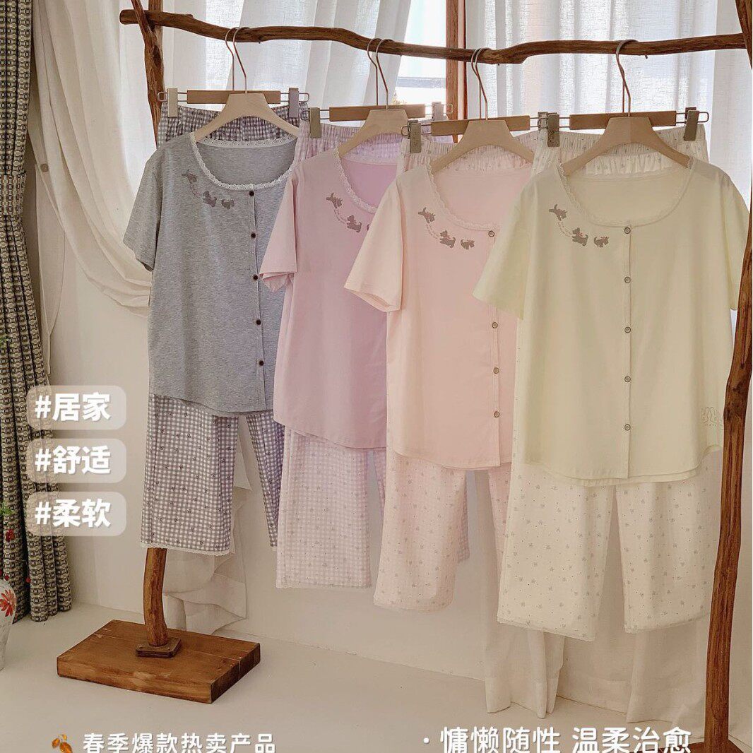 MSUSU棉苏苏日系棉格套装蕾丝开衫睡衣女夏短袖格子裤宽松家居服