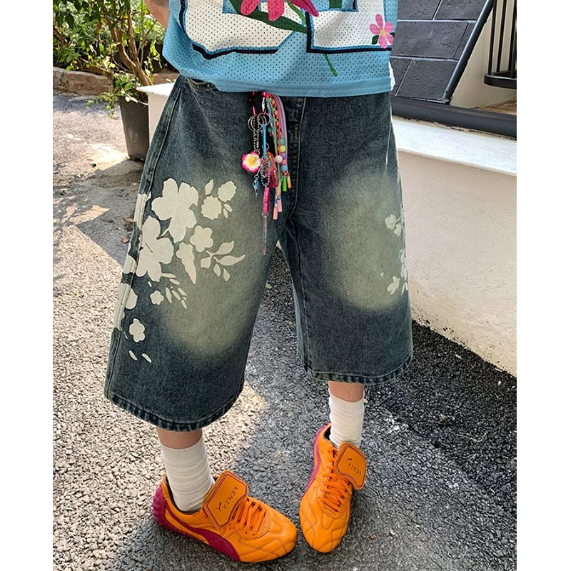 大码美式复古做旧花朵牛仔七分裤女夏季2025新款宽松直筒阔腿中裤