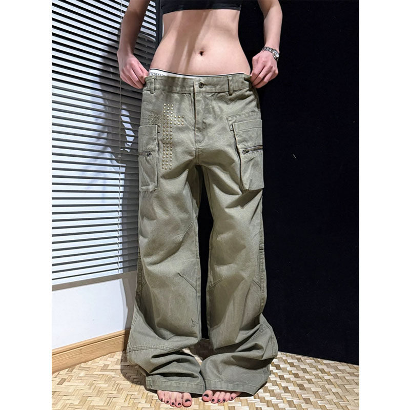 美式复古大码水洗十字架铆钉工装牛仔裤女街头直筒宽松阔腿长裤潮,女装/女士精品,大码裤装,淘宝优惠券,粉丝福利购,淘宝优惠卷