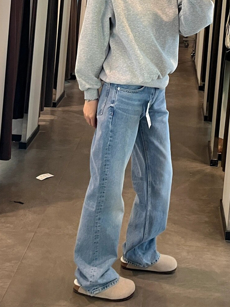 아메리칸 스트리트 바이브 라이트 블루 청바지 플러스 사이즈 여성 가을 ??겨울 신상 루즈 슬리밍 하이 웨이스트 바닥 길이 스트레이트 팬츠