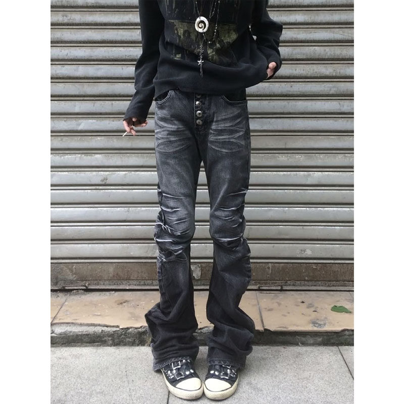 美式街头复古水洗立体猫须弯刀牛仔裤男女大码高腰做旧排扣直筒裤,女装/女士精品,大码裤装,淘宝优惠券,粉丝福利购,淘宝优惠卷
