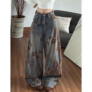 美式复古提花植绒弯刀牛仔裤大码女秋冬新款宽松垂感直筒阔腿长裤