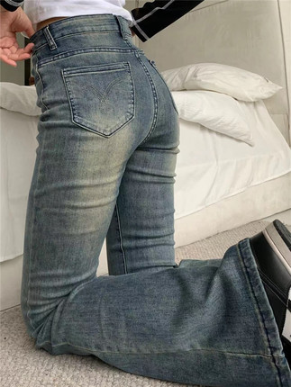 美式复古做旧修身高腰微喇牛仔裤女辣妹弹力显瘦百搭拖地喇叭裤潮