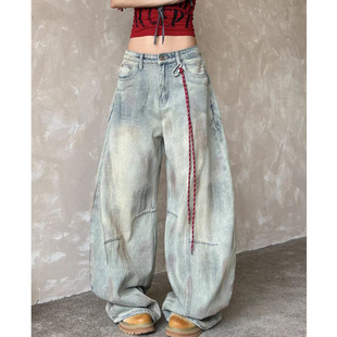 宽松显瘦直筒阔腿长裤 大码 女2025新款 vibe脏染弯刀牛仔裤 子潮 美式