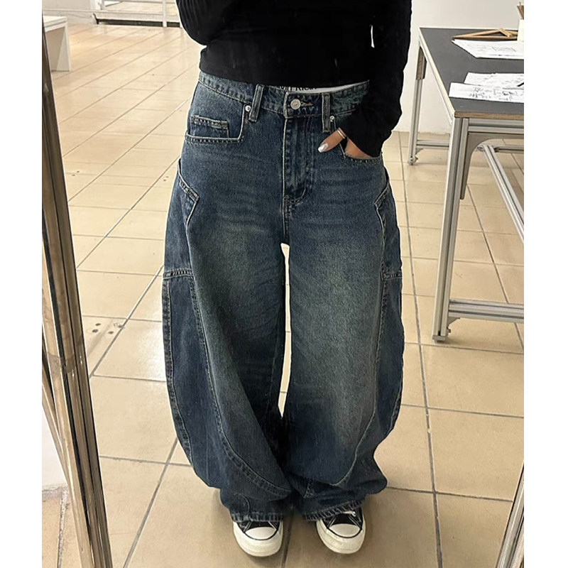 美式复古解构设计弯刀牛仔裤大码女装秋冬新款宽松显瘦阔腿长裤潮,女装/女士精品,大码裤装,淘宝优惠券,粉丝福利购,淘宝优惠卷