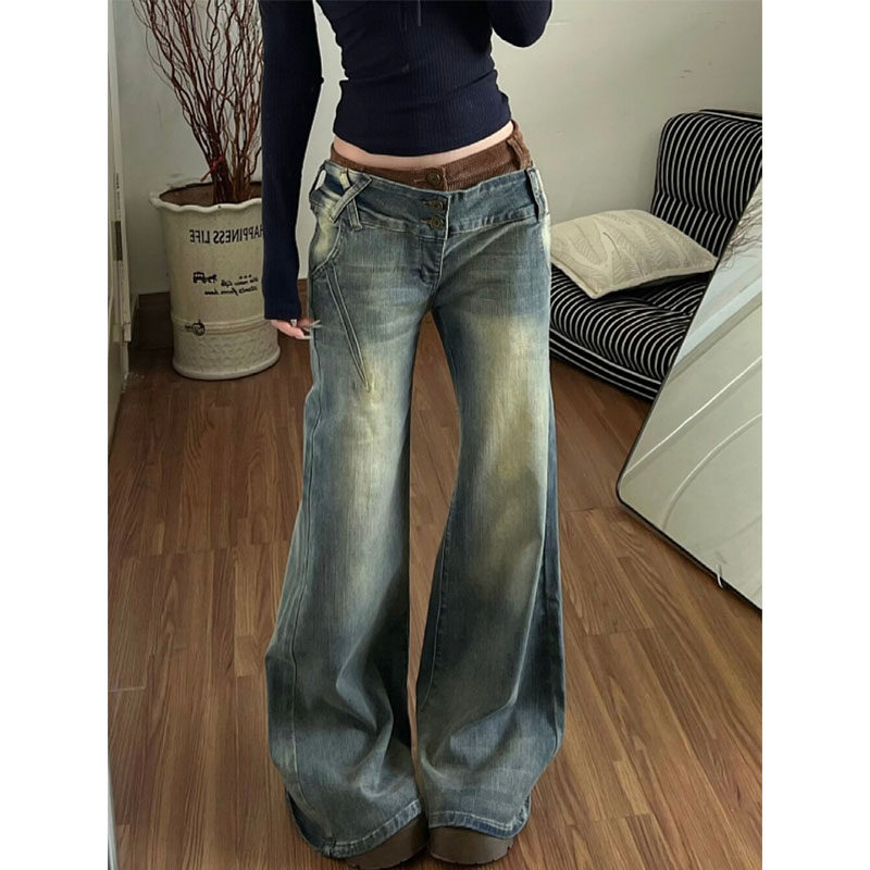 美式街头复古水洗直筒微喇牛仔裤女大码女装设计感拼接垂感休闲裤,女装/女士精品,大码裤装,淘宝优惠券,粉丝福利购,淘宝优惠卷
