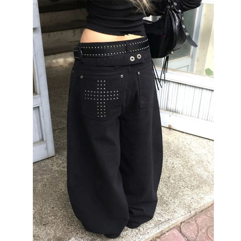 美式街头复古水洗十字架铆钉设计牛仔裤女大码街头宽松阔腿休闲裤,女装/女士精品,大码裤装,淘宝优惠券,粉丝福利购,淘宝优惠卷
