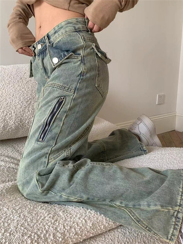 牛仔裤复古水洗设计感阔腿裤