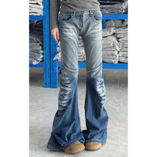 美式复古水波纹弯刀微喇牛仔裤女大码设计感朋克修身垂感堆积长裤