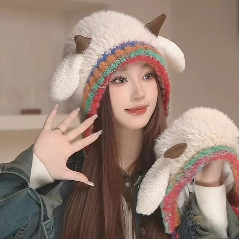 冬季新款甜美可爱小羊角毛茸茸护耳毛线帽子韩版潮流毛绒保暖女帽