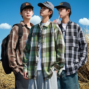 黑格子长袖衬衫男生休闲宽松衬衣慵懒风垂感春秋季韩版上衣外套