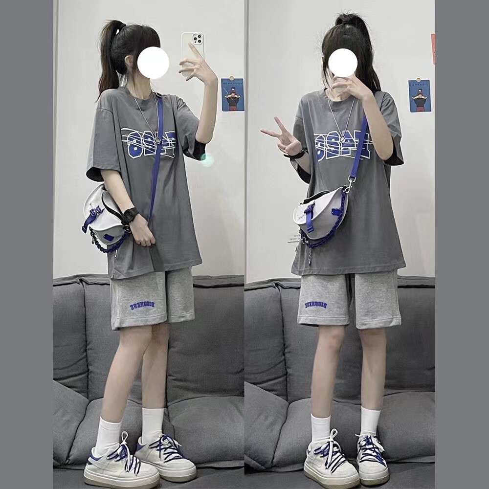 休闲运动套装少女夏装2026新款初中高中学生学院风短袖短裤两件套