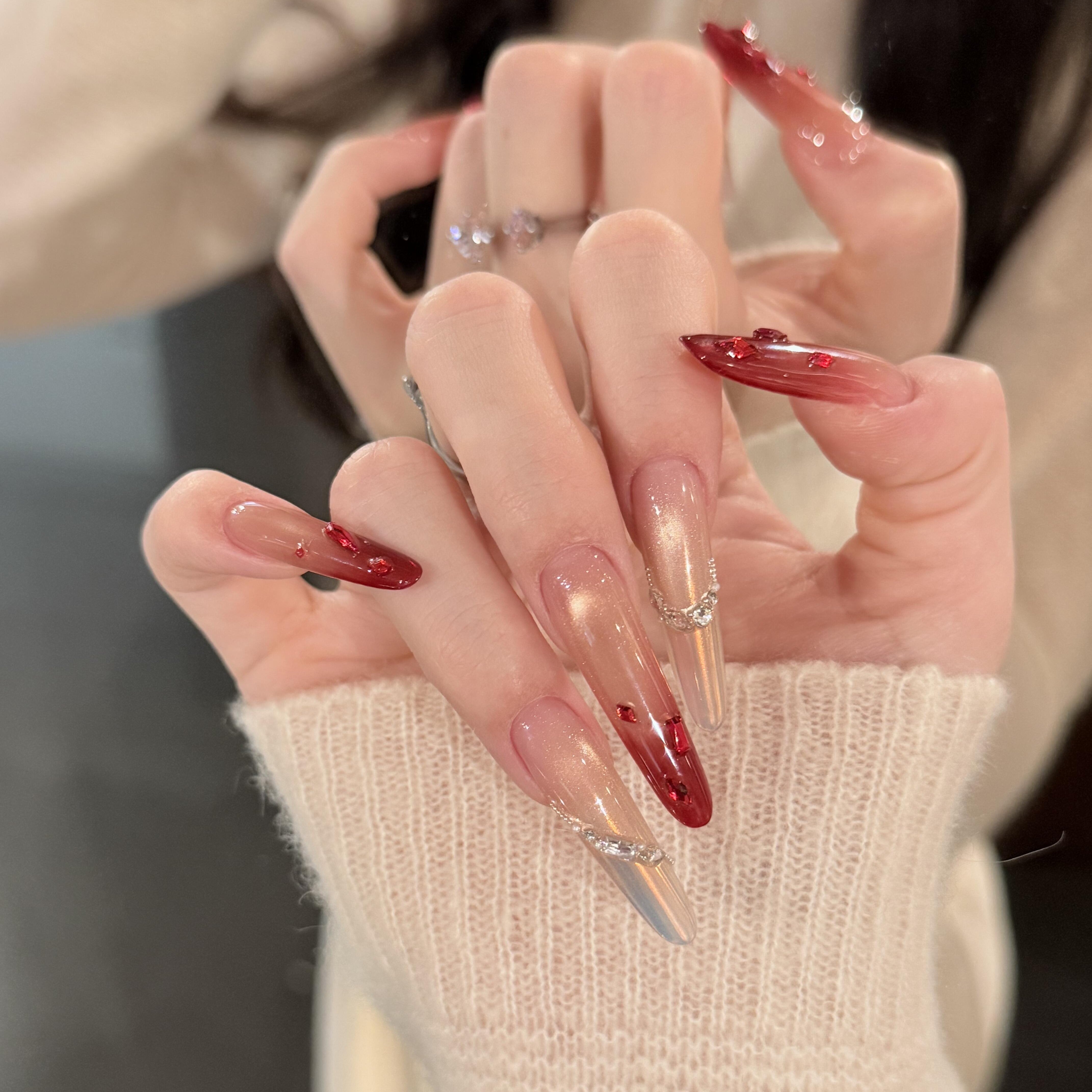 手工定制穿戴美甲长款新年战甲红色渐变猫眼婚甲新娘孕妇可拆卸甲,彩妆/香水/美妆工具,穿戴甲/甲片,淘宝优惠券,粉丝福利购,淘宝优惠卷