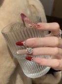 高端手工定制光疗穿戴美甲成品红色新年猫眼烟花爆闪新娘可拆卸甲