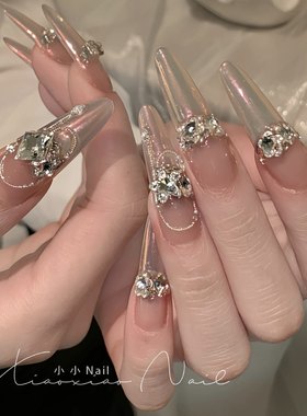 高端手工定制光疗穿戴美甲新娘满钻奢华婚甲裸色长华子可拆卸甲片