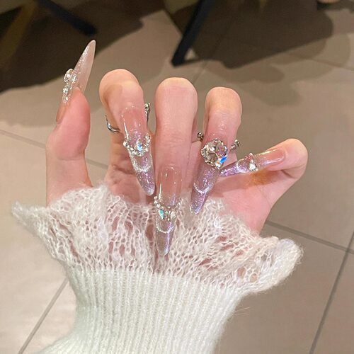 手工定制光疗婚纱穿戴美甲超长紫色猫眼仙女显白法式华子婚甲新娘
