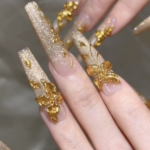 手工定制穿戴美甲长金色花猫眼雕花婚甲婚纱富贵花开新娘秀和孕妇