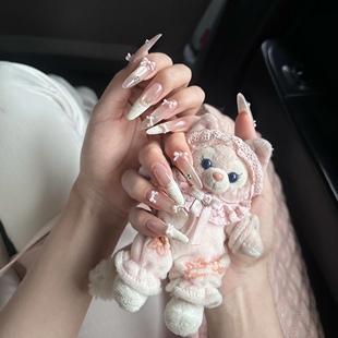 手工定制穿戴美甲长法式裙摆华子粉色蝴蝶结猫眼法式新娘甜妹孕妇