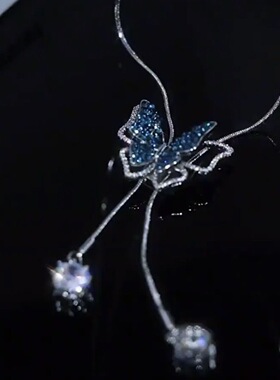 高级感镶钻蓝色蝴蝶项链可调节毛衣链2025年新款潮女长款毛衣配饰