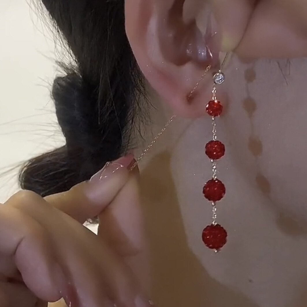 独特设计红色串珠钻球耳环
