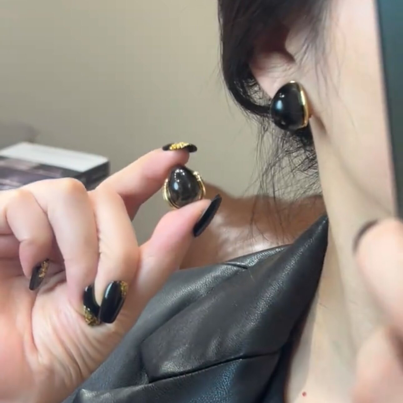 欧美夸张设计感黑色水滴形耳扣女时尚气质个性高级感耳环耳饰品
