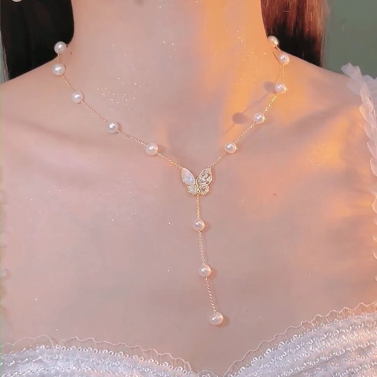 锁骨链珍珠蝴蝶项链女性