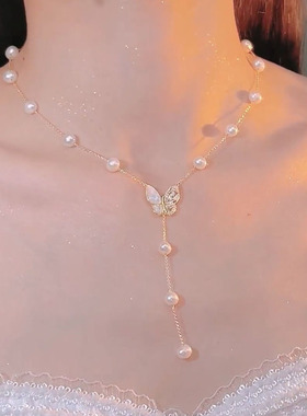 锁骨链珍珠蝴蝶项链女性