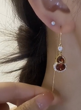 新爆款长款流苏钱袋耳线女耳环925银抗过敏过年洋气喜庆红色甜美